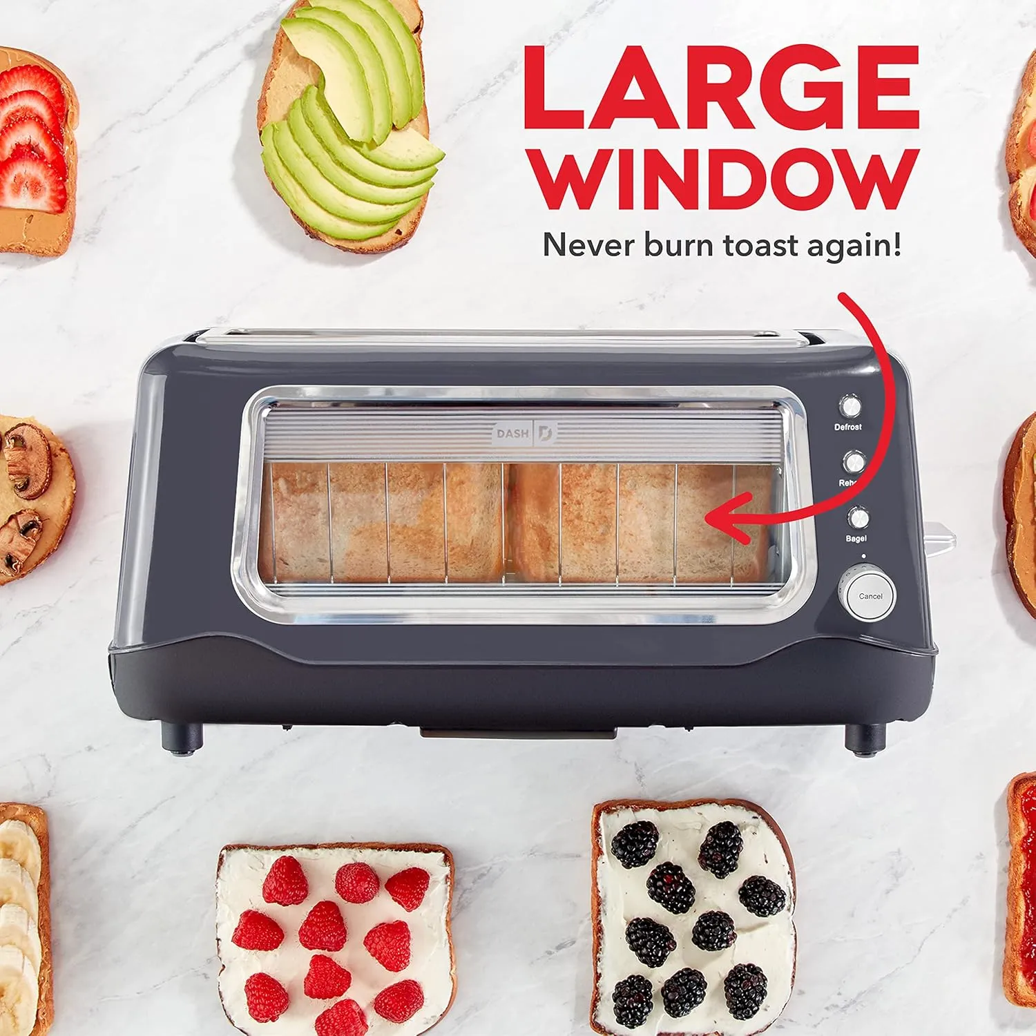DASH Clear View Toaster: Extra Wide Slot Toaster with See Through Window - Defrost, Reheat   Auto Shut Off Feature for Bagels, Specialty Breads & other Baked Goods - Grey