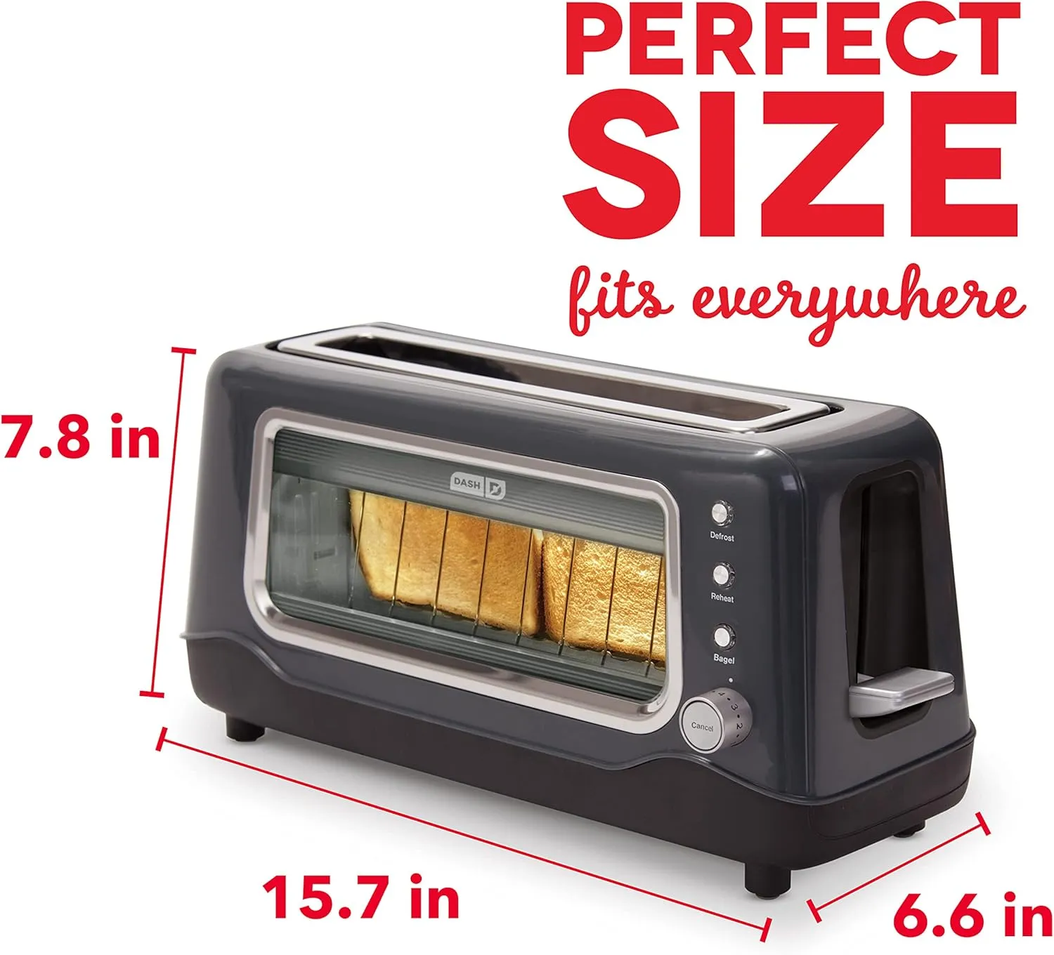 DASH Clear View Toaster: Extra Wide Slot Toaster with See Through Window - Defrost, Reheat   Auto Shut Off Feature for Bagels, Specialty Breads & other Baked Goods - Grey