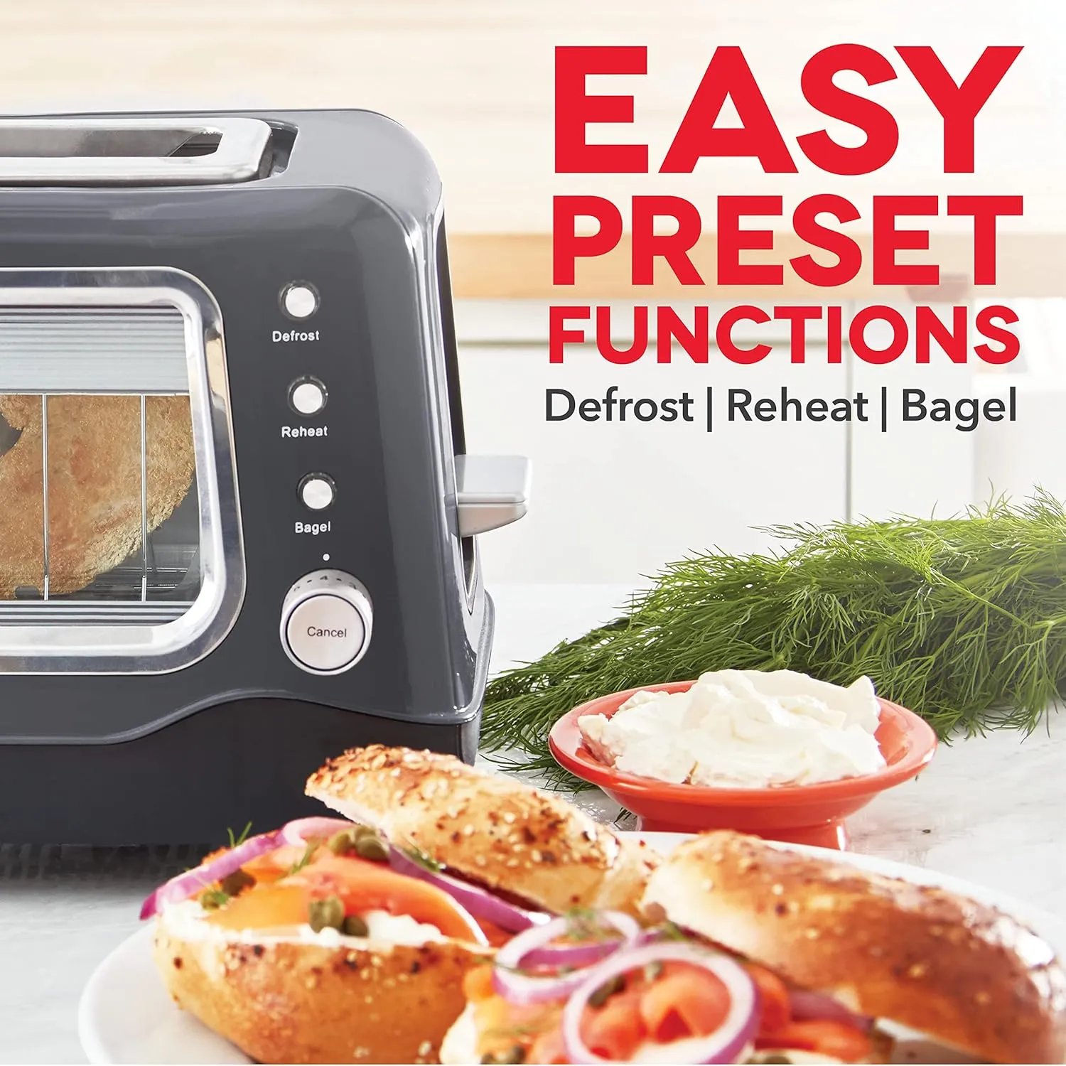 DASH Clear View Toaster: Extra Wide Slot Toaster with See Through Window - Defrost, Reheat   Auto Shut Off Feature for Bagels, Specialty Breads & other Baked Goods - Grey
