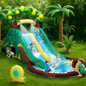 Dinosaur Bounce House Water Slide, Bouncy House Castle with Splash Water Pool 480W Blower with GFCI Dinasour Water Bouncing House with Dual Slide Indoor/Outdoor Backyard Play for Kids 3-10