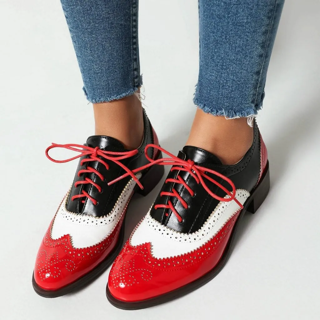 DINTAHA Womens Wingtip Oxford Shoes Chunky Low Heel Oxford Flats Lace Up Brogues Vintage Dress Shoes
