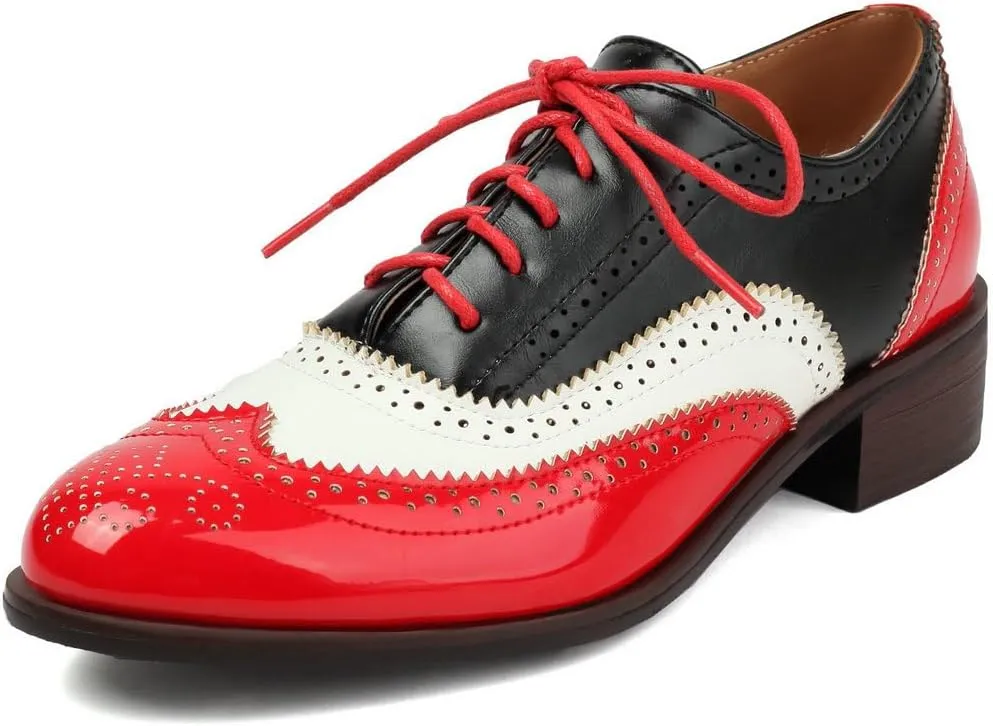 DINTAHA Womens Wingtip Oxford Shoes Chunky Low Heel Oxford Flats Lace Up Brogues Vintage Dress Shoes