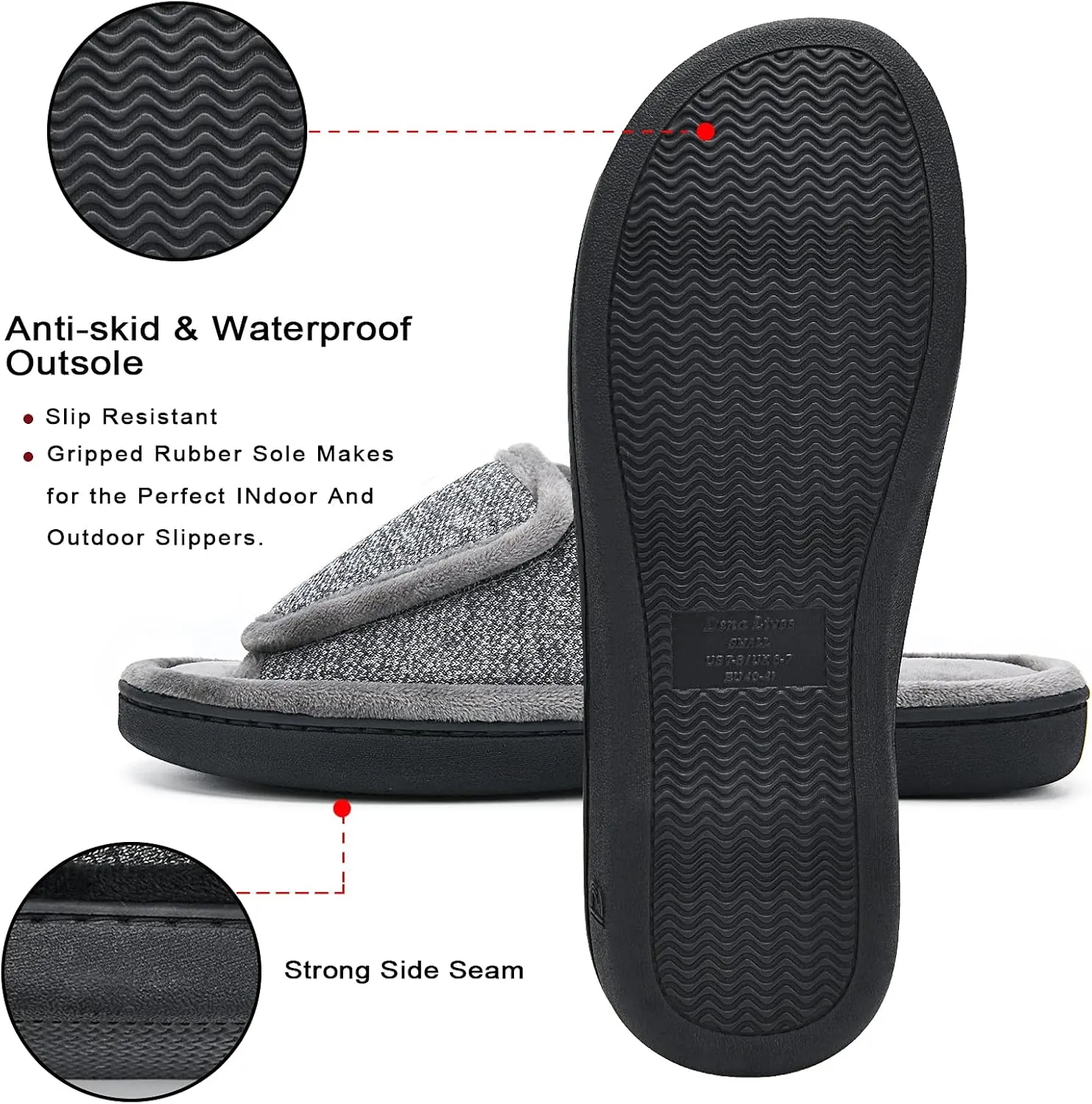 DL Adjustable Men's Memory Foam Slippers, Comfy Indoor Outdoor, Breathable Slide Bedroom Velcor Slippers Size 7-14 Black, Gray, Navy, Brown