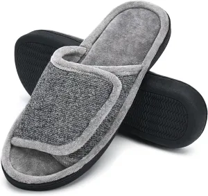 DL Adjustable Men's Memory Foam Slippers, Comfy Indoor Outdoor, Breathable Slide Bedroom Velcor Slippers Size 7-14 Black, Gray, Navy, Brown