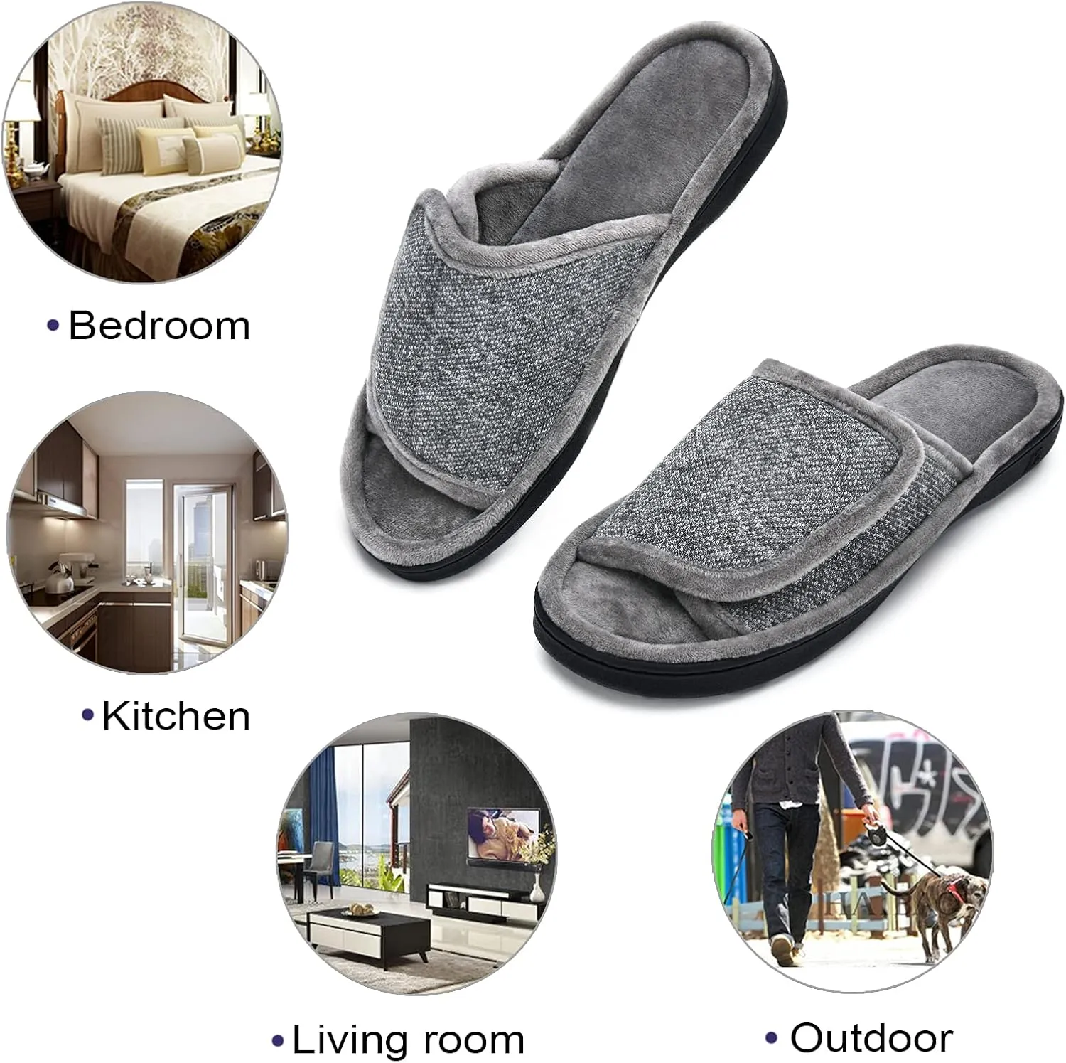 DL Adjustable Men's Memory Foam Slippers, Comfy Indoor Outdoor, Breathable Slide Bedroom Velcor Slippers Size 7-14 Black, Gray, Navy, Brown