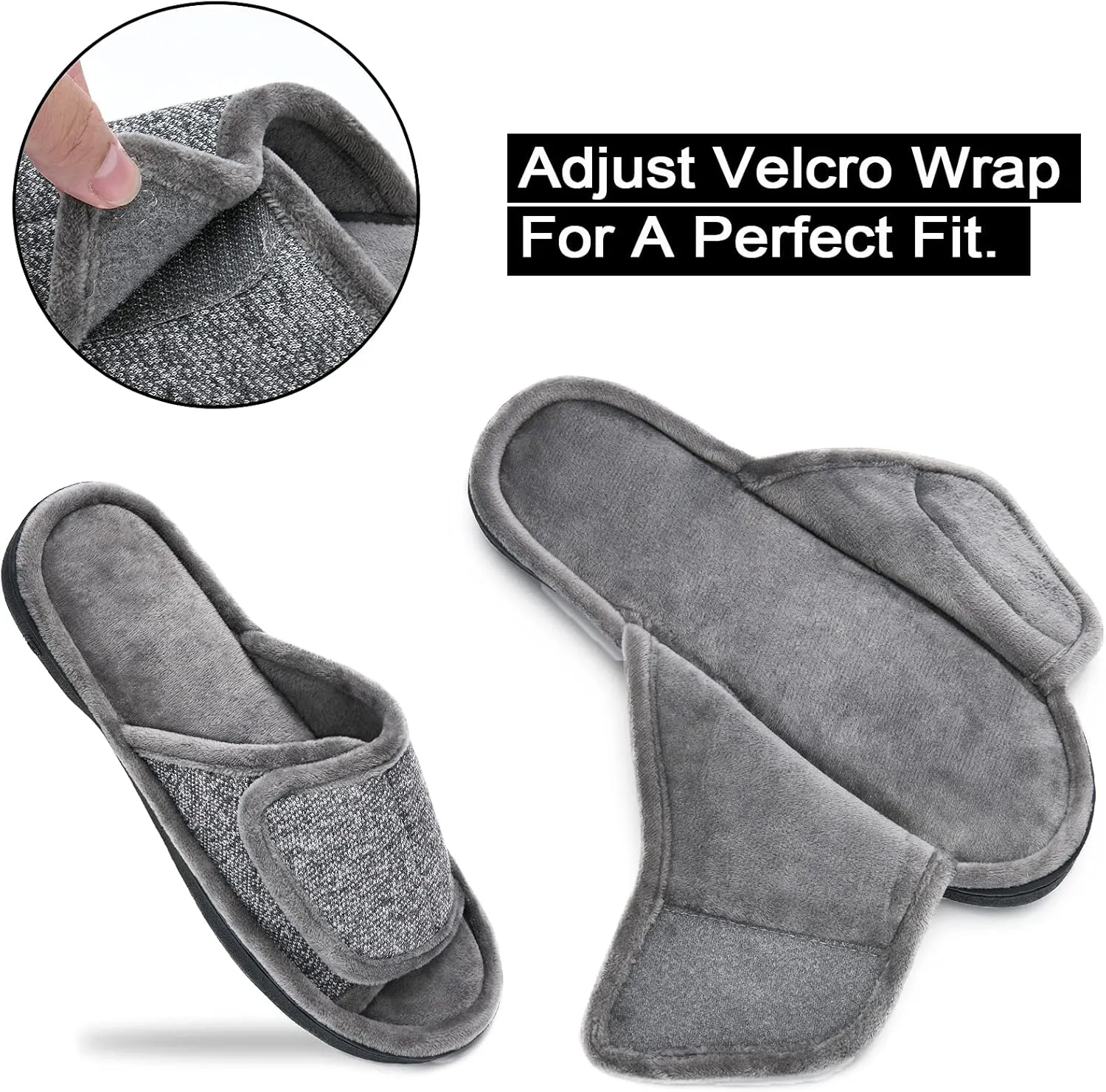 DL Adjustable Men's Memory Foam Slippers, Comfy Indoor Outdoor, Breathable Slide Bedroom Velcor Slippers Size 7-14 Black, Gray, Navy, Brown