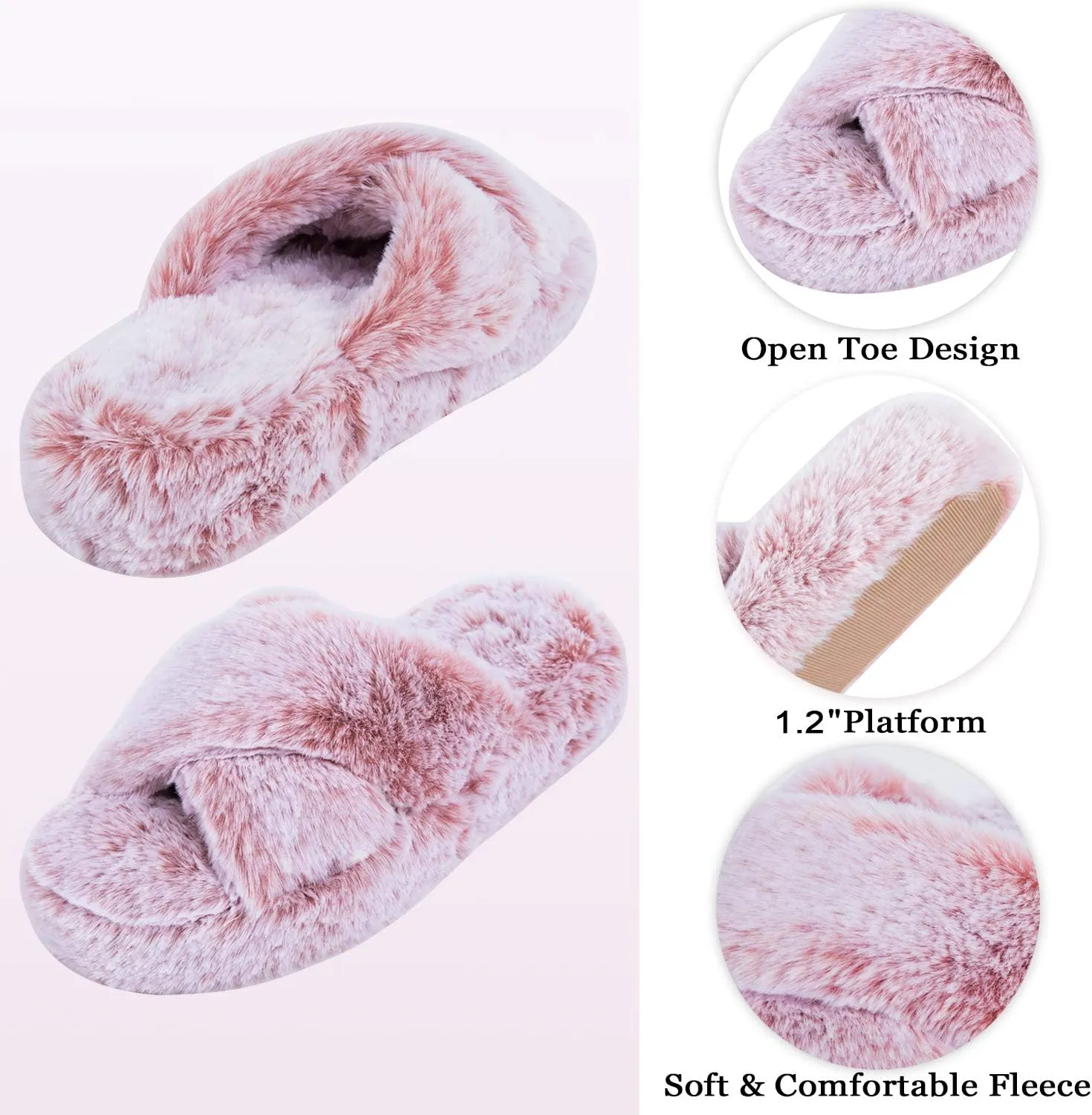 DL Fluffy Womens House Slippers Cross Band Open Toe, Soft Plush Fleece Bedroom Slippers Women Memory Foam, Comfy Fuzzy Slip On Non-Slip Womens Slippers Indoor Leopard Size