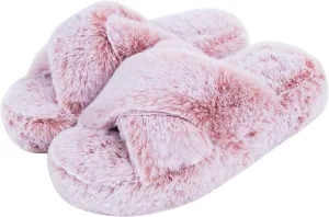 DL Fluffy Womens House Slippers Cross Band Open Toe, Soft Plush Fleece Bedroom Slippers Women Memory Foam, Comfy Fuzzy Slip On Non-Slip Womens Slippers Indoor Leopard Size