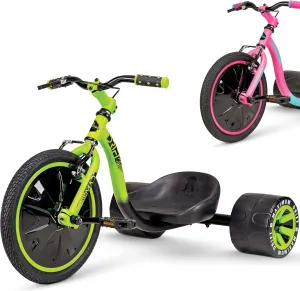 Drift Trike for Kids Ages 5  – 16" Big Wheel Ride-On with Adjustable Seat, Steel Frame, Rear Slick Drift Wheels & Safety Flag – Madd Gear (Green/Black)