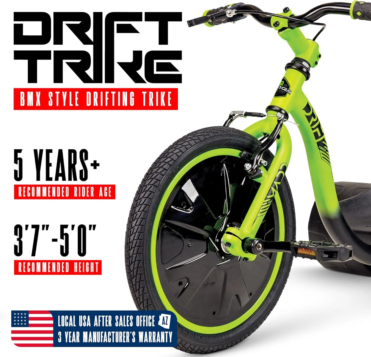 Drift Trike for Kids Ages 5  – 16" Big Wheel Ride-On with Adjustable Seat, Steel Frame, Rear Slick Drift Wheels & Safety Flag – Madd Gear (Green/Black)