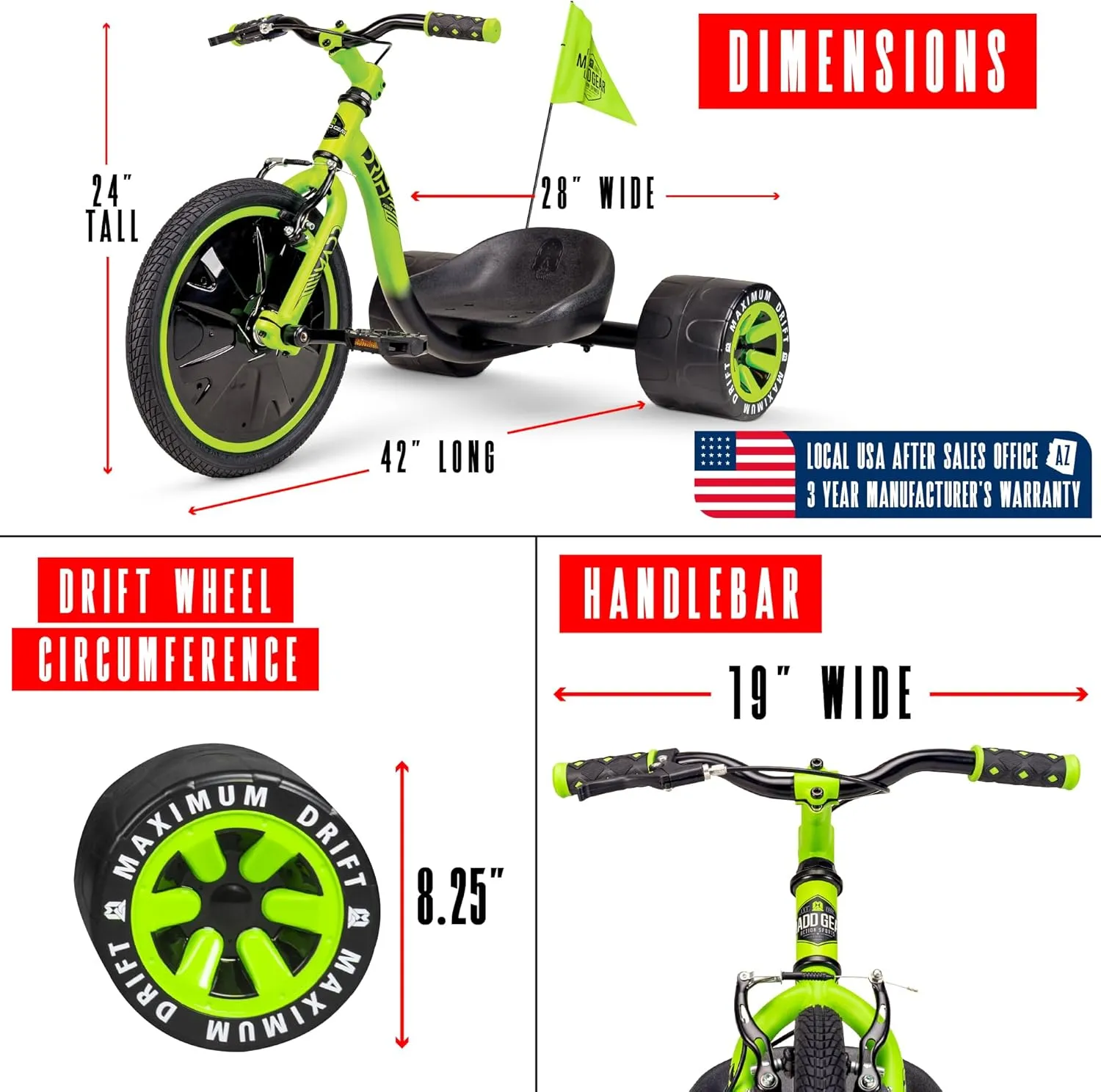 Drift Trike for Kids Ages 5  – 16" Big Wheel Ride-On with Adjustable Seat, Steel Frame, Rear Slick Drift Wheels & Safety Flag – Madd Gear (Green/Black)