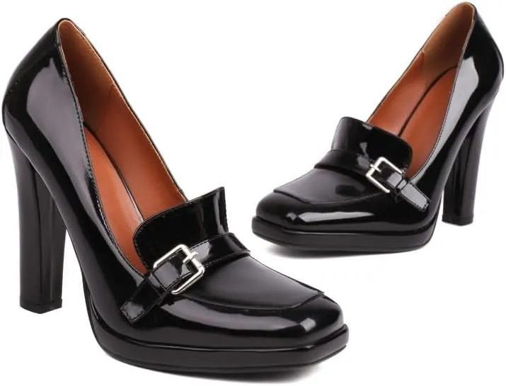 Elbslutt Womens Platform Heels Loafers Chunky Patent Leather High Heel Closed Square Toe Slip On Pumps Oxford Penny Loafers Shoes Buckle Dressy Fashionable Business Casual Shoes