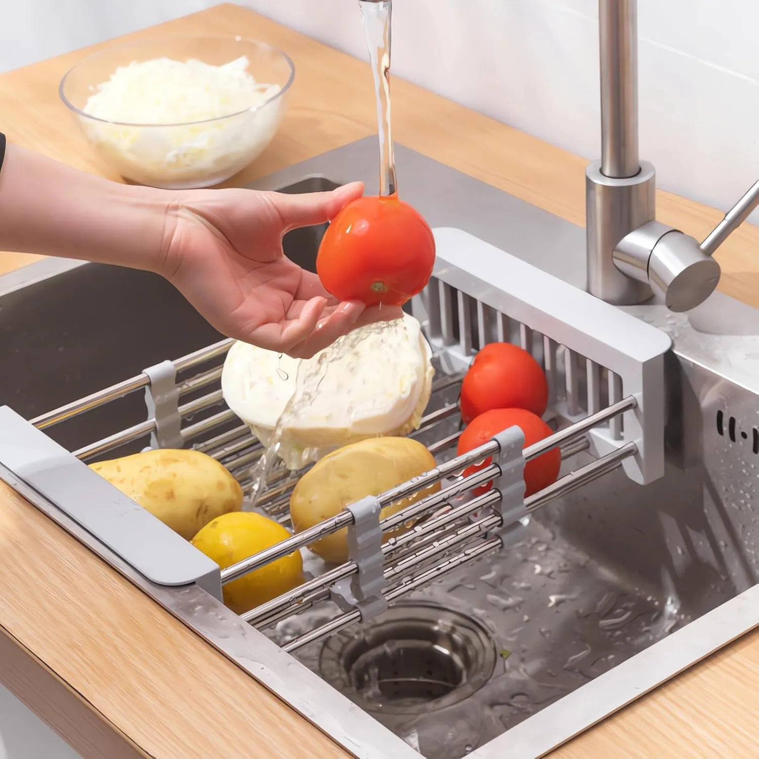 Expandable Stainless Steel Drain Basket, Dish Drying Rack Kitchen Sink Organizer, Over The Sink Dish Drying Rack, Gray (Large)