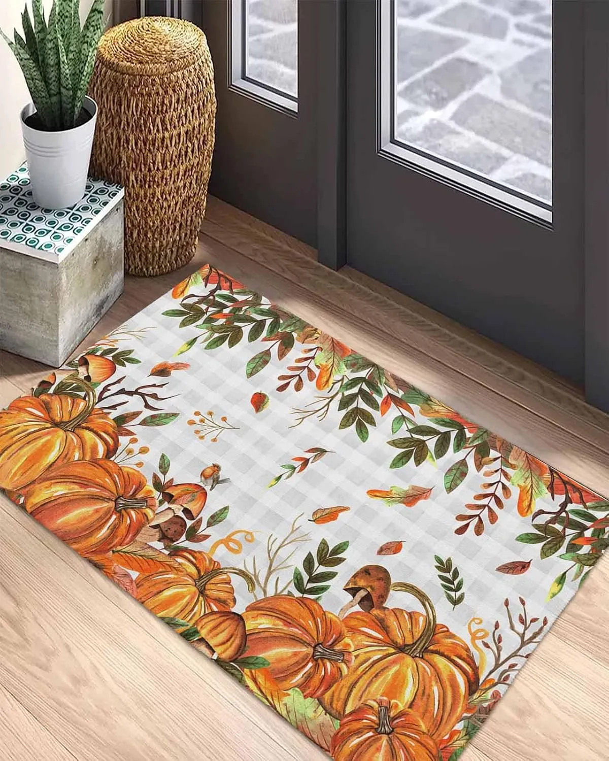 Fall Door Mat Indoor Outdoor Doormat Non Slip Front Back Door Mat Entrance Mat Low Profile Floor Mat Washable Autumn Pumpkin Mushtoom Leaf Check Grey White Welcome Mat for Entryway, 20x32 Inch