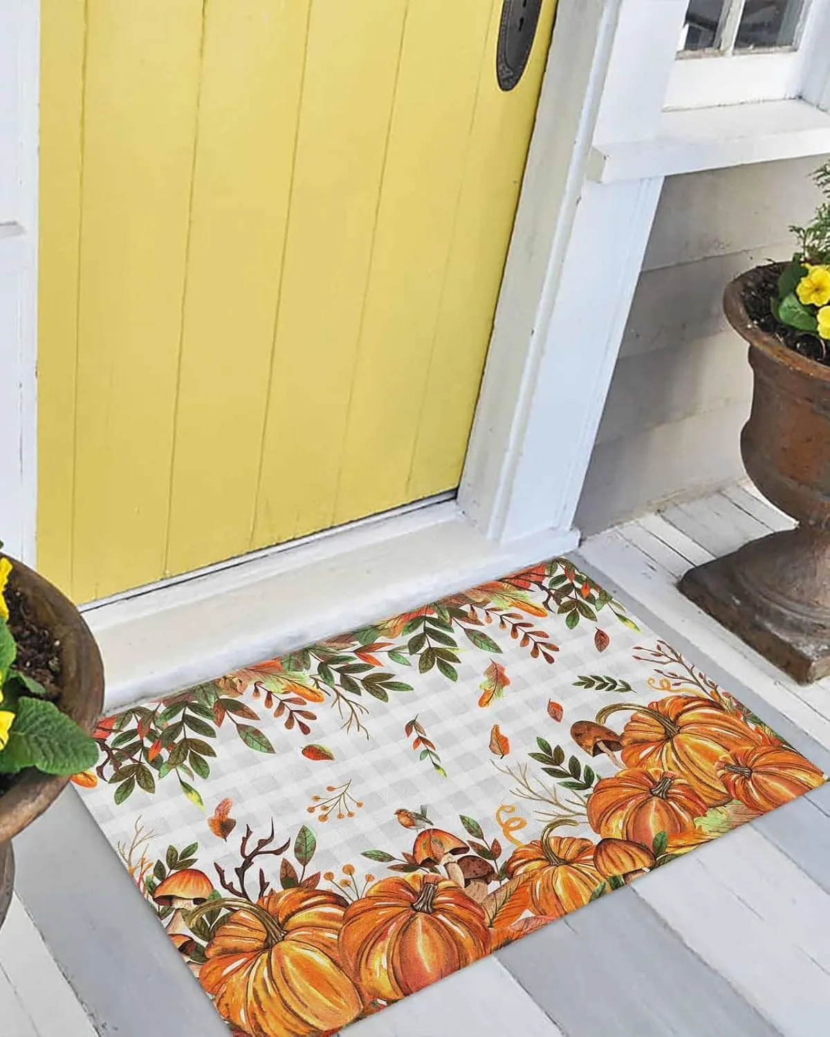 Fall Door Mat Indoor Outdoor Doormat Non Slip Front Back Door Mat Entrance Mat Low Profile Floor Mat Washable Autumn Pumpkin Mushtoom Leaf Check Grey White Welcome Mat for Entryway, 20x32 Inch