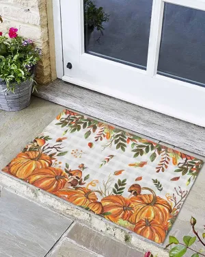 Fall Door Mat Indoor Outdoor Doormat Non Slip Front Back Door Mat Entrance Mat Low Profile Floor Mat Washable Autumn Pumpkin Mushtoom Leaf Check Grey White Welcome Mat for Entryway, 20x32 Inch