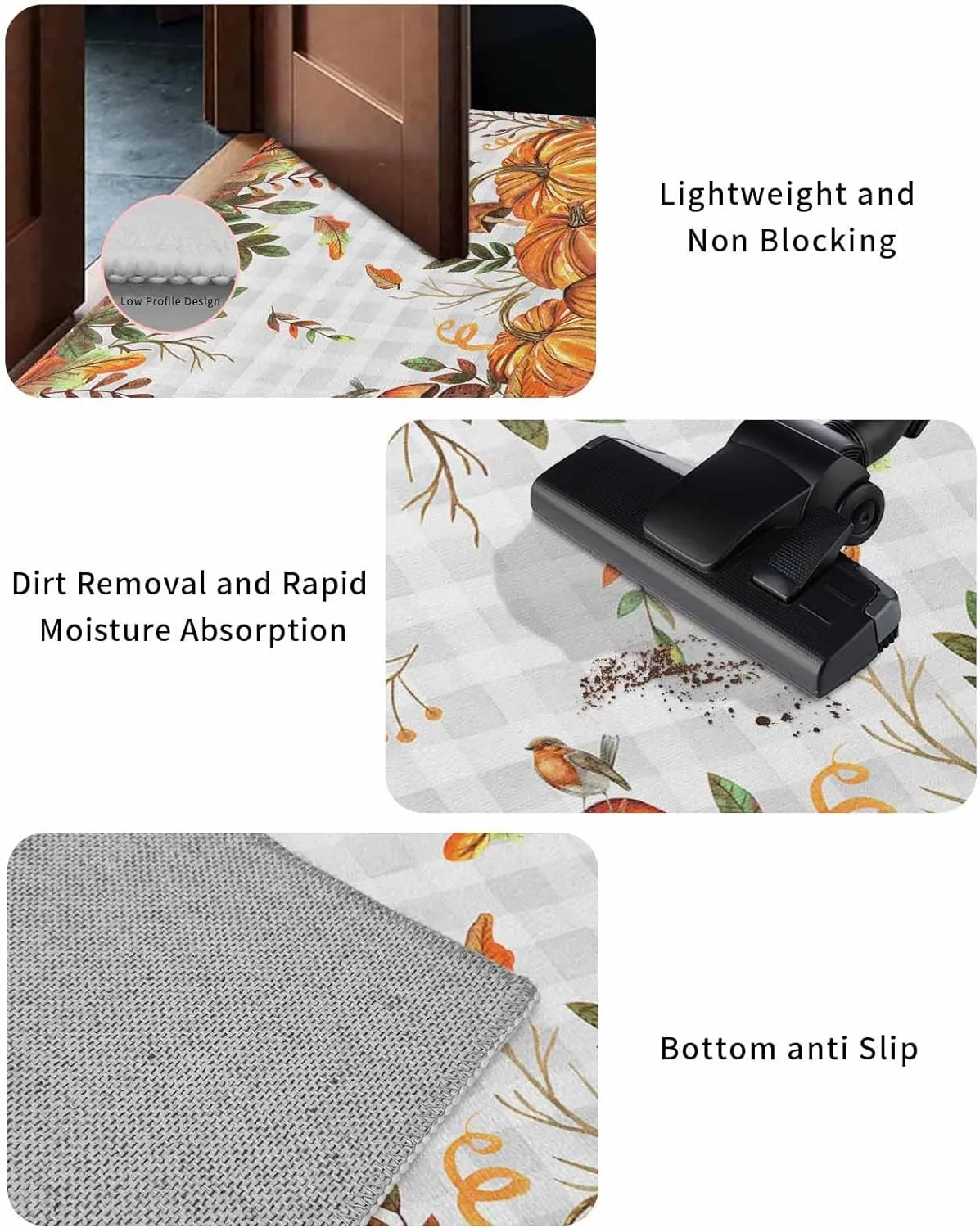 Fall Door Mat Indoor Outdoor Doormat Non Slip Front Back Door Mat Entrance Mat Low Profile Floor Mat Washable Autumn Pumpkin Mushtoom Leaf Check Grey White Welcome Mat for Entryway, 20x32 Inch