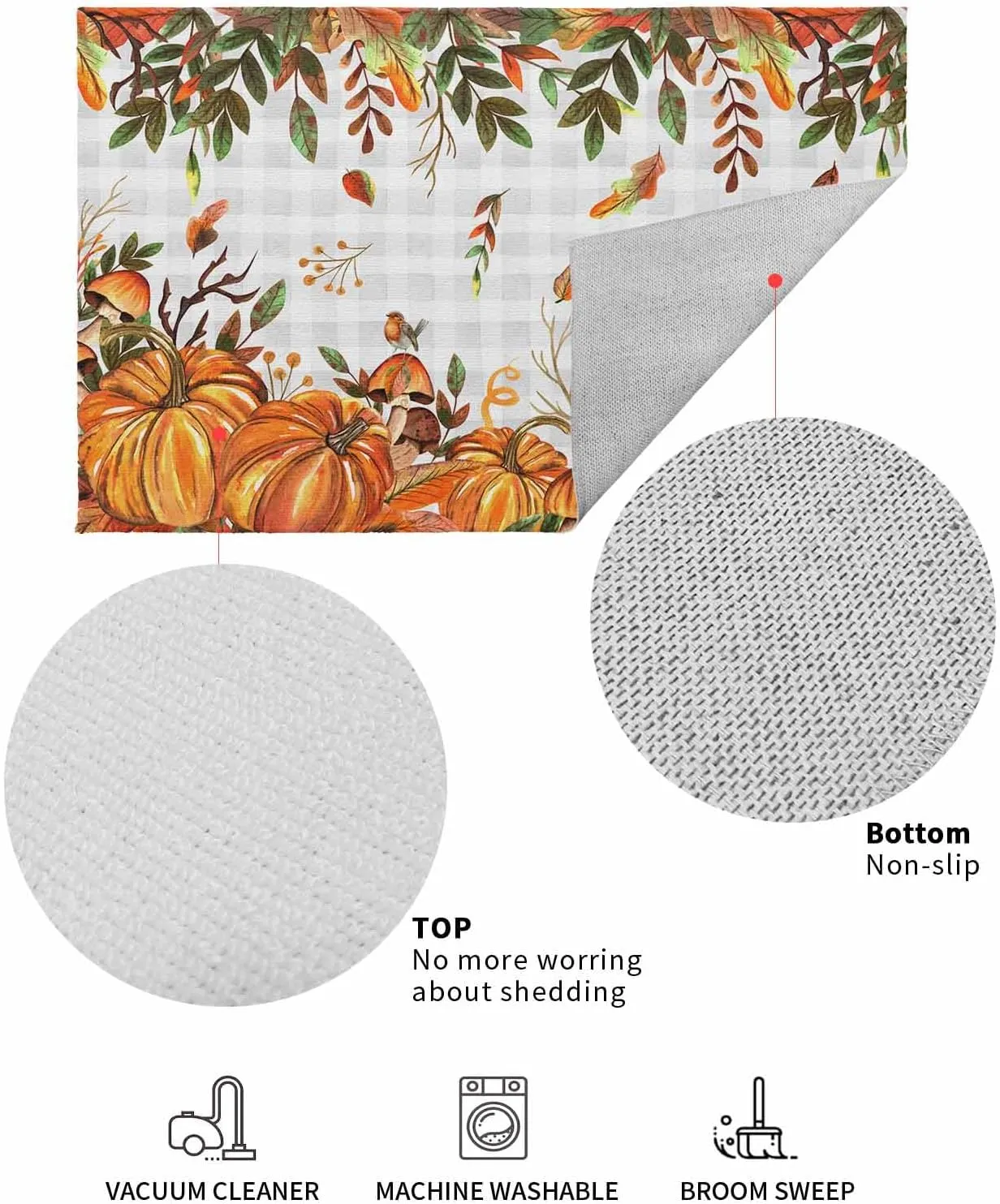 Fall Door Mat Indoor Outdoor Doormat Non Slip Front Back Door Mat Entrance Mat Low Profile Floor Mat Washable Autumn Pumpkin Mushtoom Leaf Check Grey White Welcome Mat for Entryway, 20x32 Inch