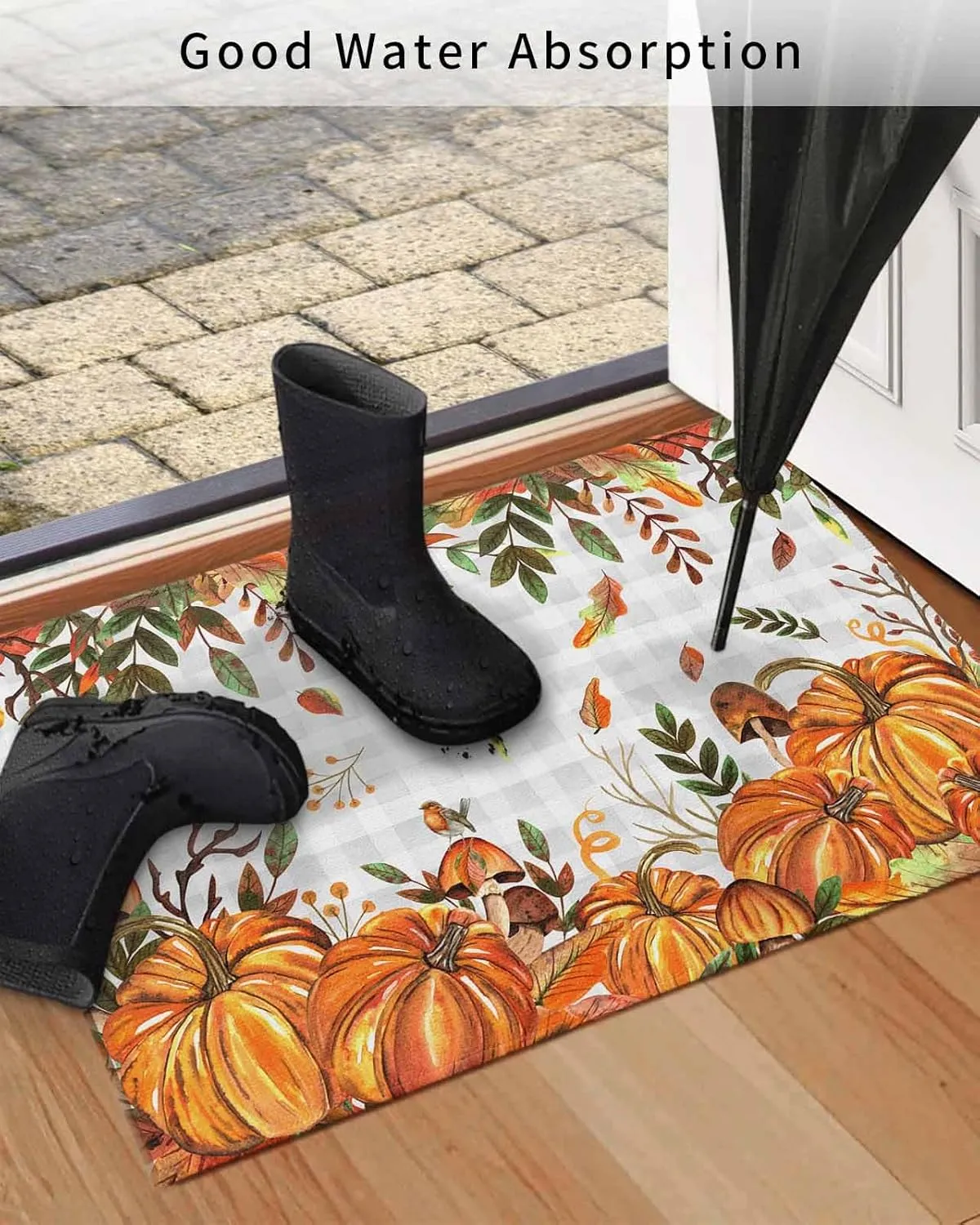 Fall Door Mat Indoor Outdoor Doormat Non Slip Front Back Door Mat Entrance Mat Low Profile Floor Mat Washable Autumn Pumpkin Mushtoom Leaf Check Grey White Welcome Mat for Entryway, 20x32 Inch