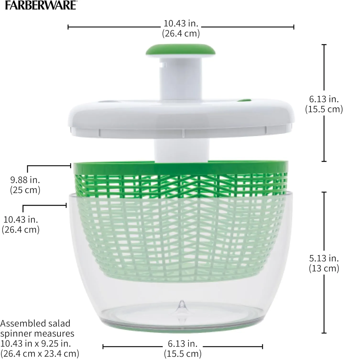 Farberware Easy to use pro Pump Spinner with Bowl, Colander and Built in draining System for Fresh, Crisp, Clean Salad and Produce, 6.6 quart, Green