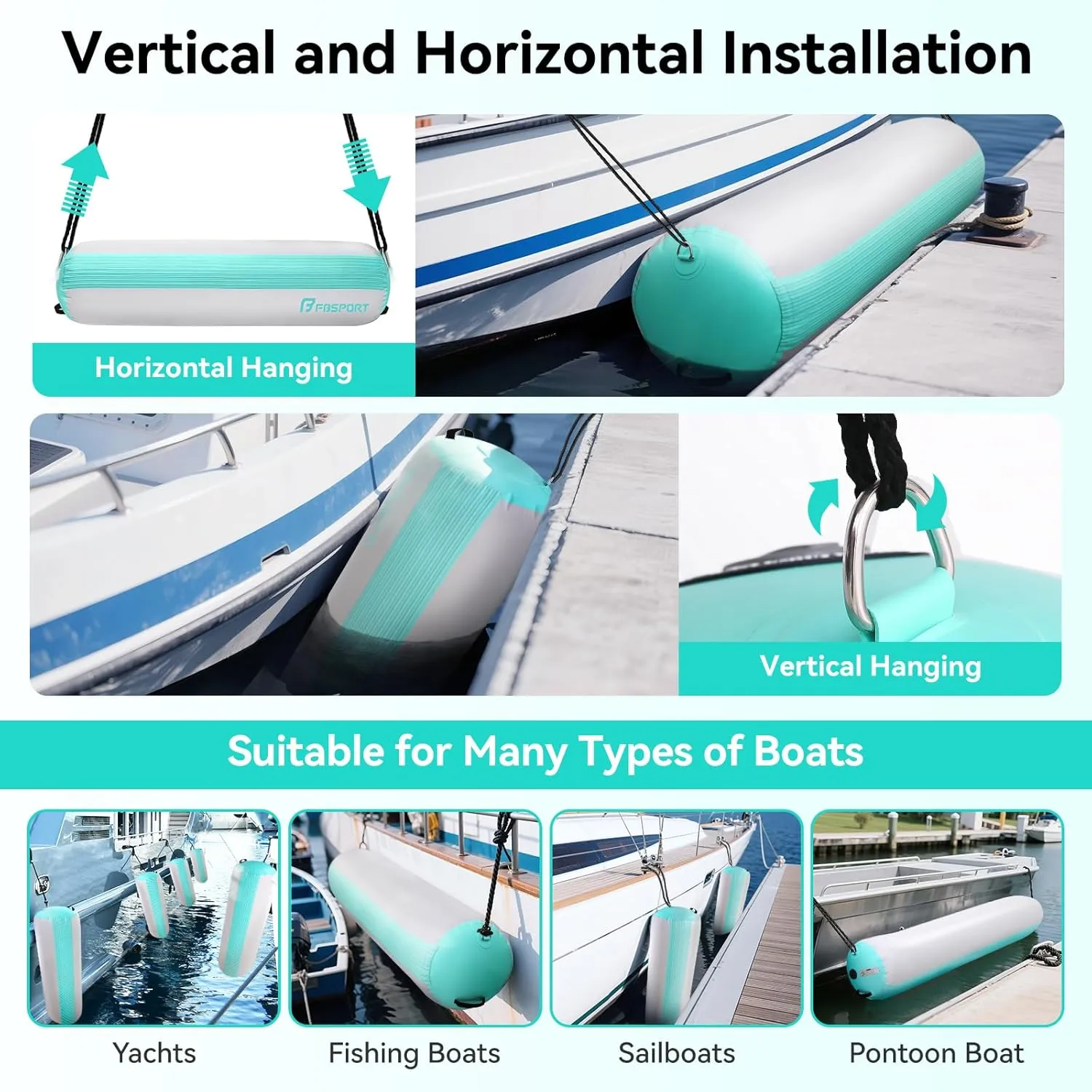 FBSPORT Inflatable Boat Fender Boat Bumper, 10FT/6FT/5FT Boat Bumper for Docking with 600W Electric Pump, PVC Dock Bumper for Tying up Fishing Boats, Jet Skis, Yachts, Pontoon Boat