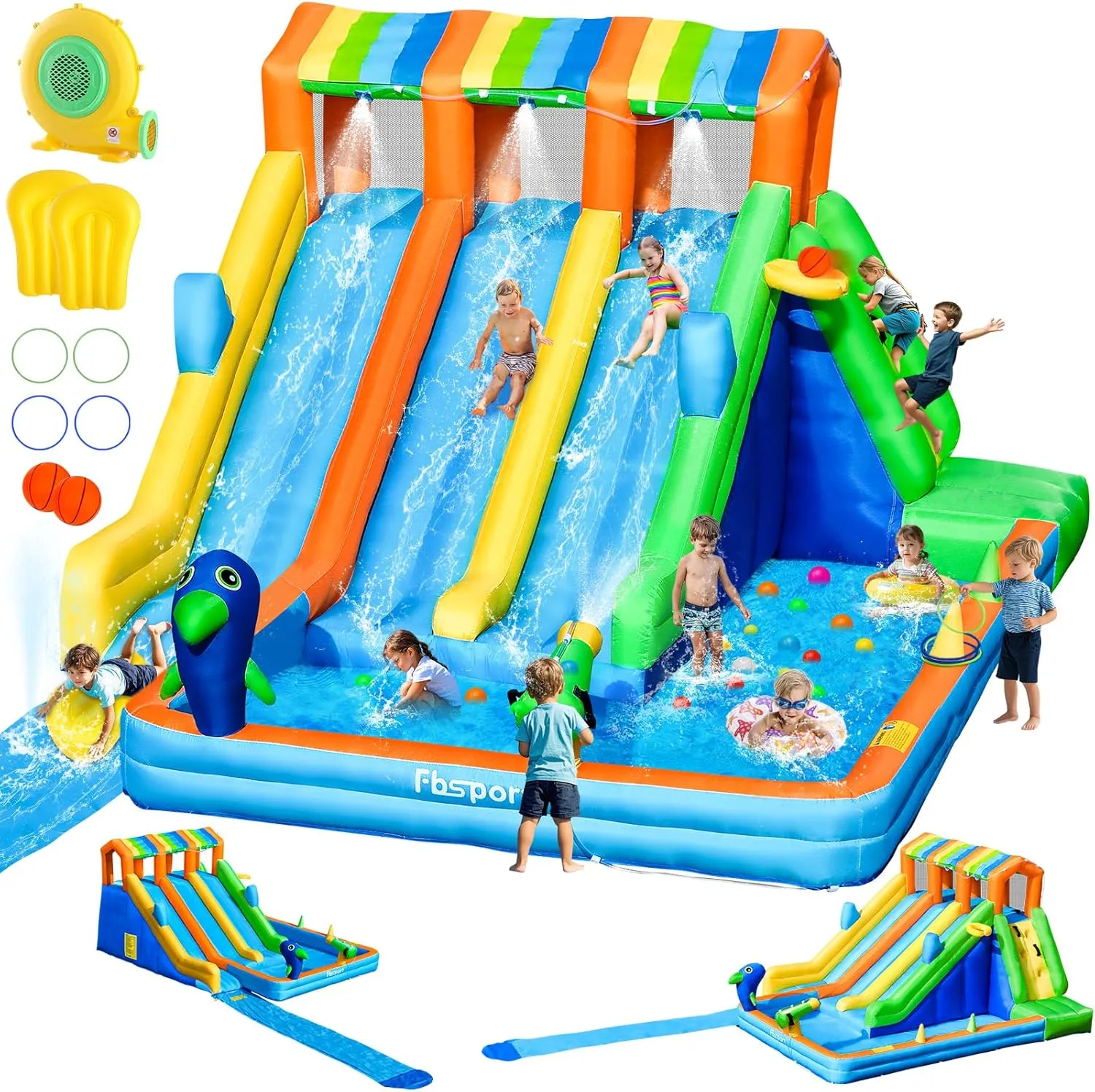 FBSPORT Inflatable Water Bounce House, Large Bounce Castle with 3 Slide for Kids, Inflatable Water Slide with Splash Pool, Climbing, Toss Rings, Basketball Hoop, Bouncy House for Outdoor Indoor