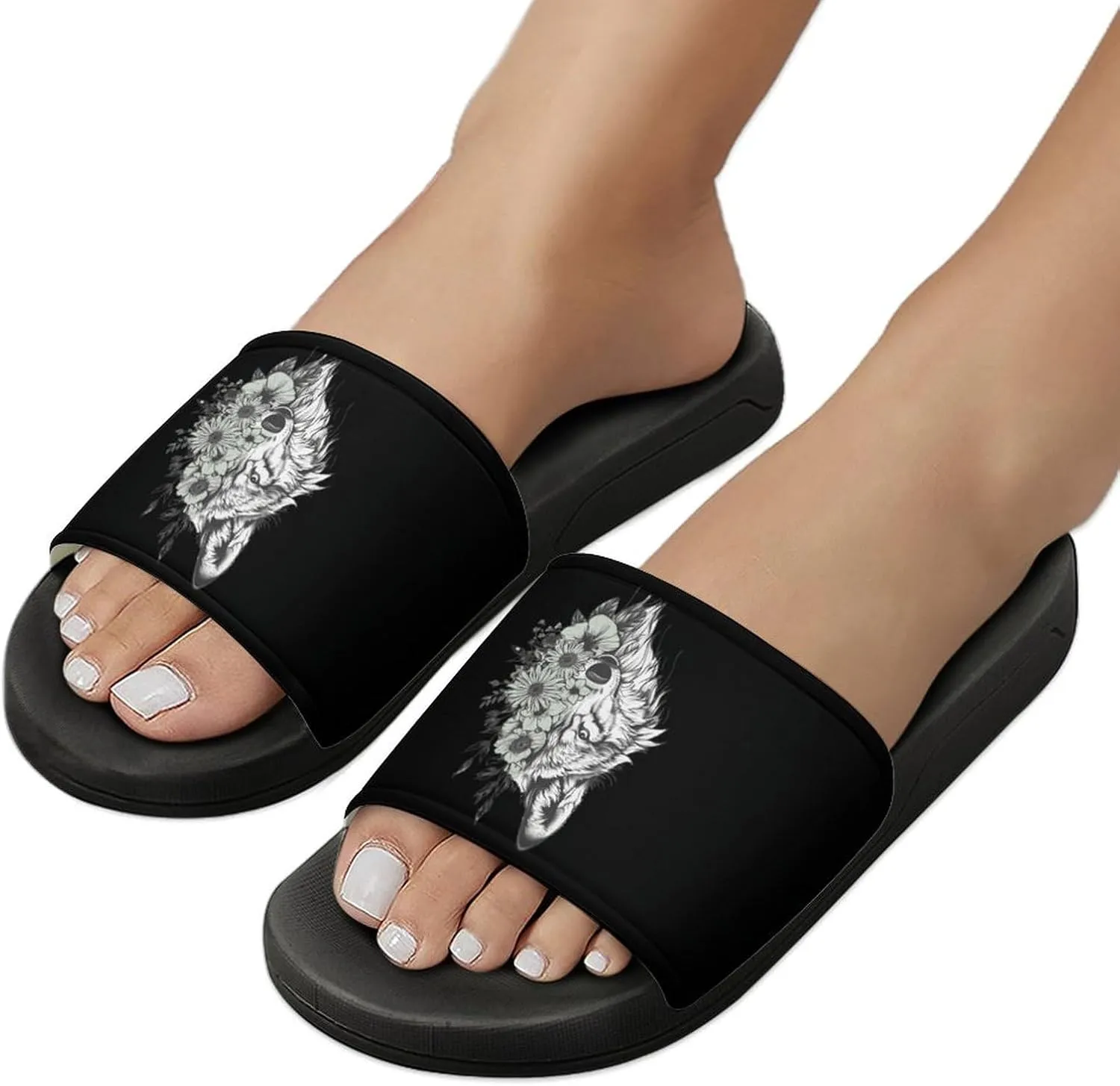 Floral Wolf Men's Slide Sandal Non Slip Shower Shoes Bathroom Slippers for Pool Beach