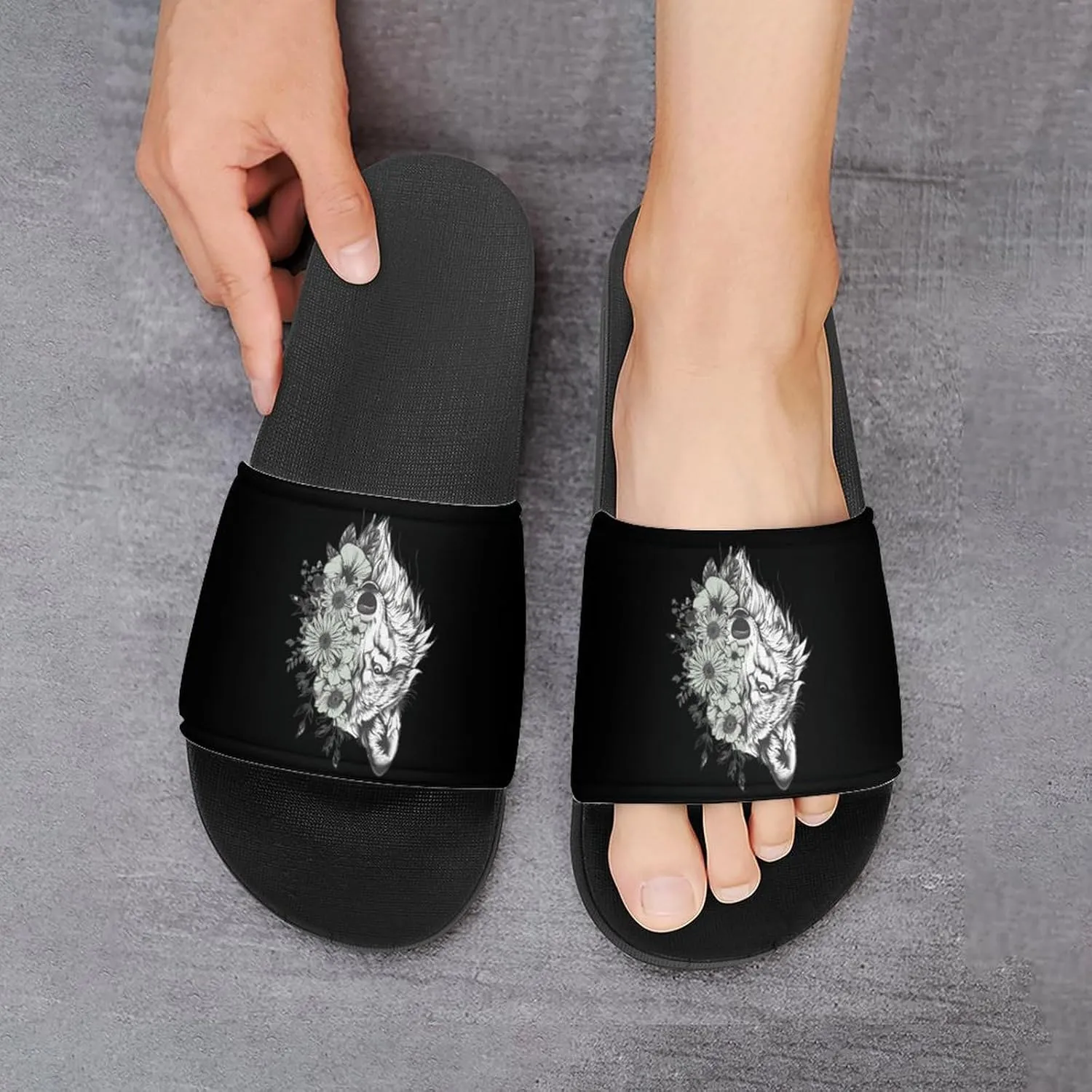 Floral Wolf Men's Slide Sandal Non Slip Shower Shoes Bathroom Slippers for Pool Beach