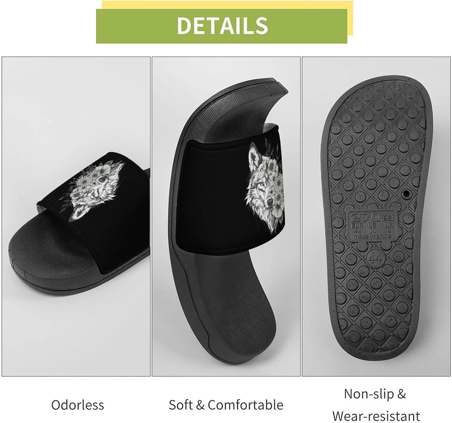 Floral Wolf Men's Slide Sandal Non Slip Shower Shoes Bathroom Slippers for Pool Beach