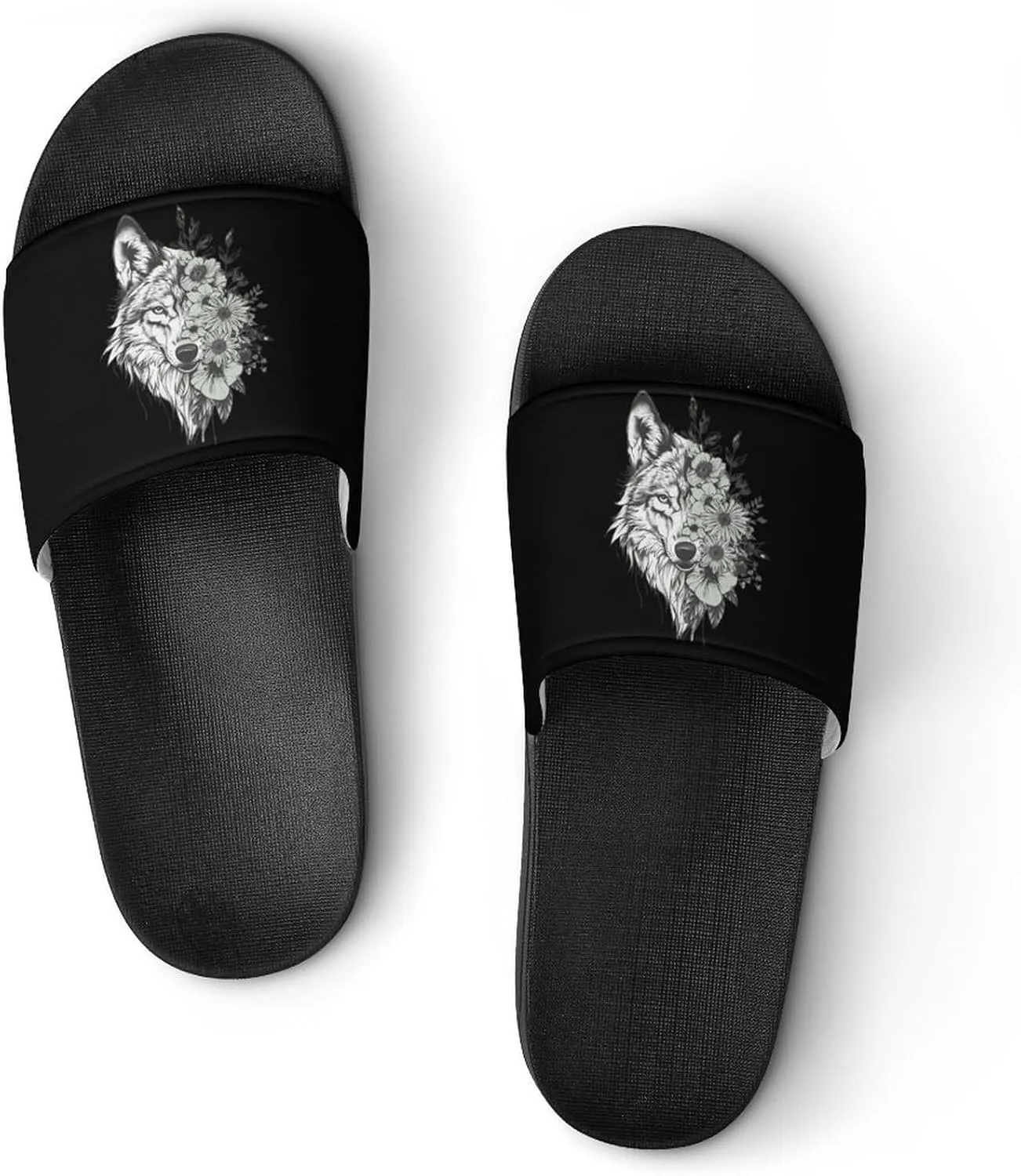 Floral Wolf Men's Slide Sandal Non Slip Shower Shoes Bathroom Slippers for Pool Beach