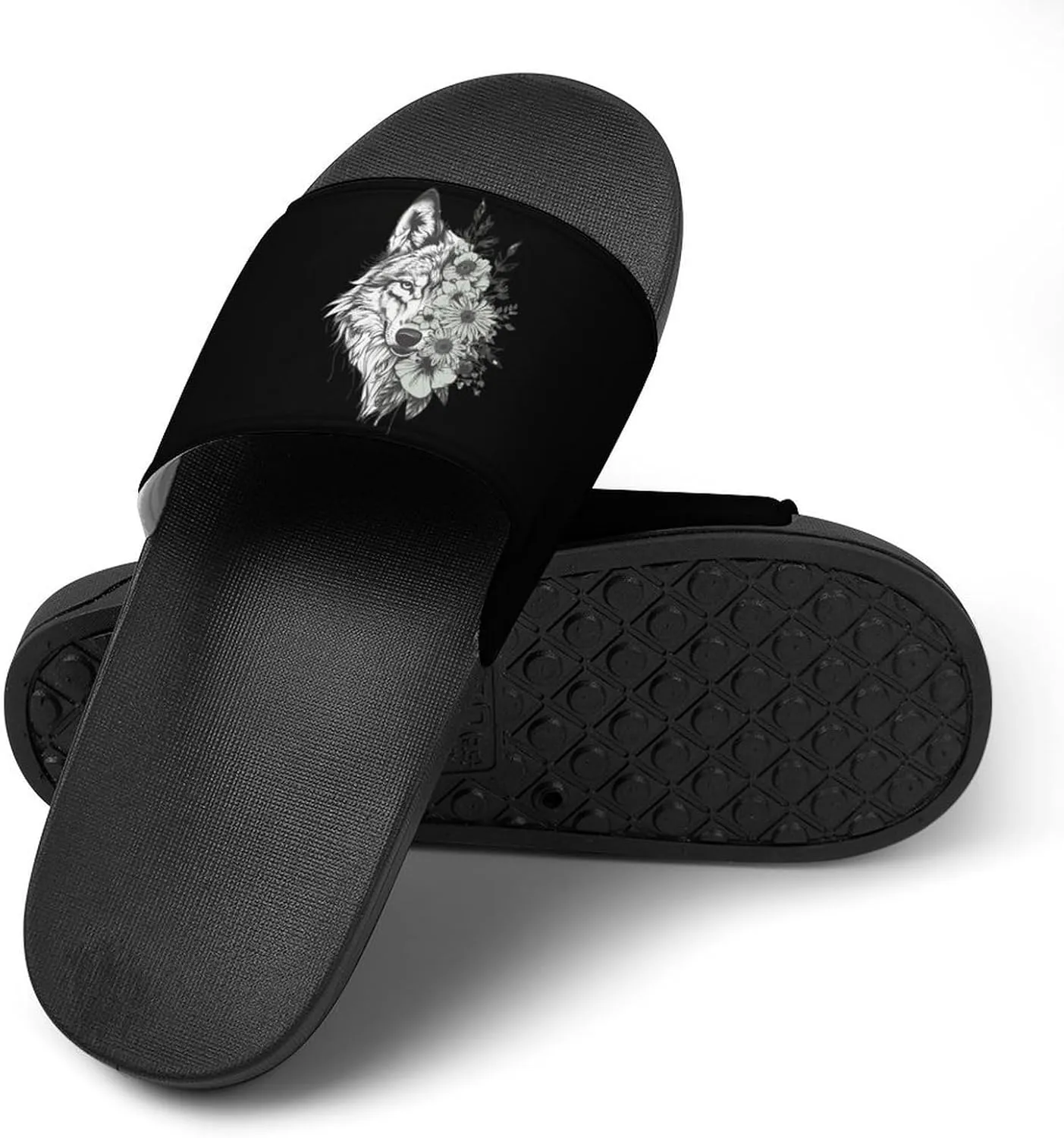 Floral Wolf Men's Slide Sandal Non Slip Shower Shoes Bathroom Slippers for Pool Beach