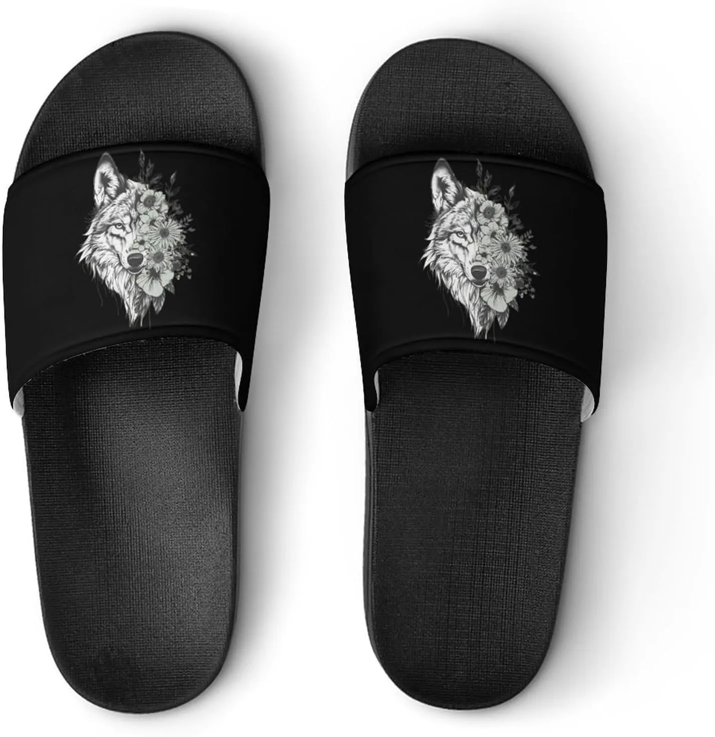 Floral Wolf Men's Slide Sandal Non Slip Shower Shoes Bathroom Slippers for Pool Beach