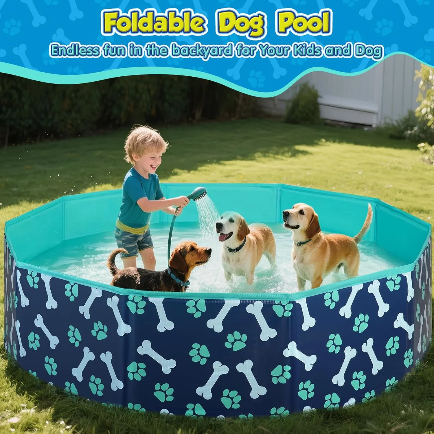 Foldable Dog Pool,Hard Plastic Dog Pools for Large Dogs, Non-Slip & Chew-Resistant Portable Bathtub for Pets, Collapsible Pool for Outdoor Backyard (48" x 12")