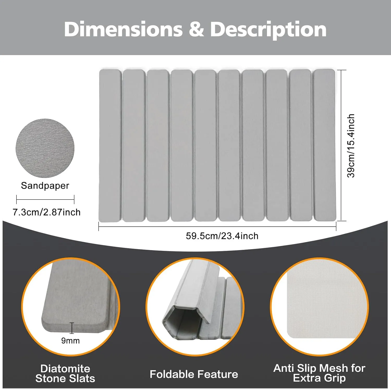 Foldable Stone Bath Mat, Diatomaceous Earth Bath Mat, Non-Slip Super Absorbent Quick Drying Bath Stone Mat, Luxury Bath mat for Bathroom Kitchen Bathtub, 23.4 * 15.4" Gray