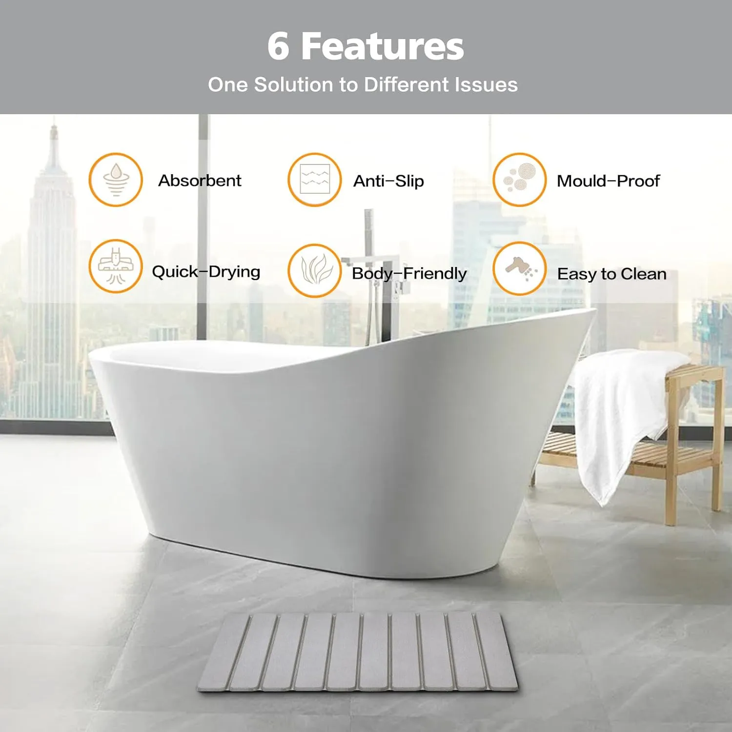 Foldable Stone Bath Mat, Diatomaceous Earth Bath Mat, Non-Slip Super Absorbent Quick Drying Bath Stone Mat, Luxury Bath mat for Bathroom Kitchen Bathtub, 23.4 * 15.4" Gray