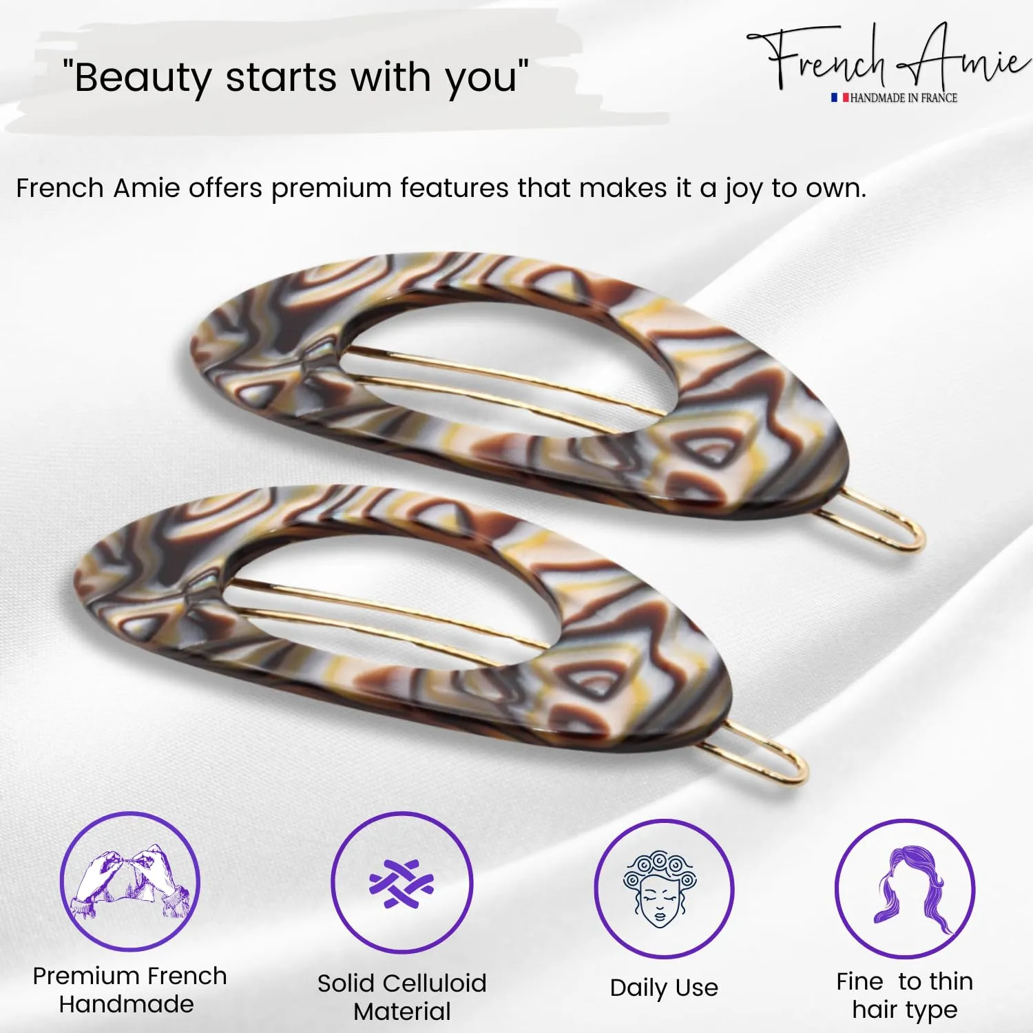 French Amie Oval Small 2 1/4” Celluloid Acetate Side Slide In Strong Hold Hair Clip Barrettes with Tige Boule Clasp for Girls and Women, Made in France (Silver Onyx 2 Pcs)