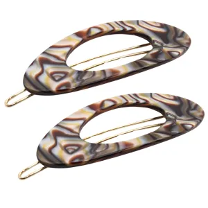 French Amie Oval Small 2 1/4” Celluloid Acetate Side Slide In Strong Hold Hair Clip Barrettes with Tige Boule Clasp for Girls and Women, Made in France (Silver Onyx 2 Pcs)