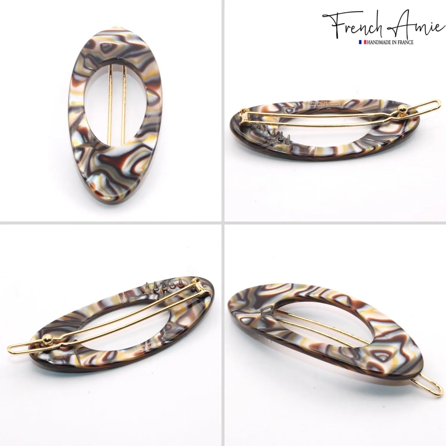 French Amie Oval Small 2 1/4” Celluloid Acetate Side Slide In Strong Hold Hair Clip Barrettes with Tige Boule Clasp for Girls and Women, Made in France (Silver Onyx 2 Pcs)