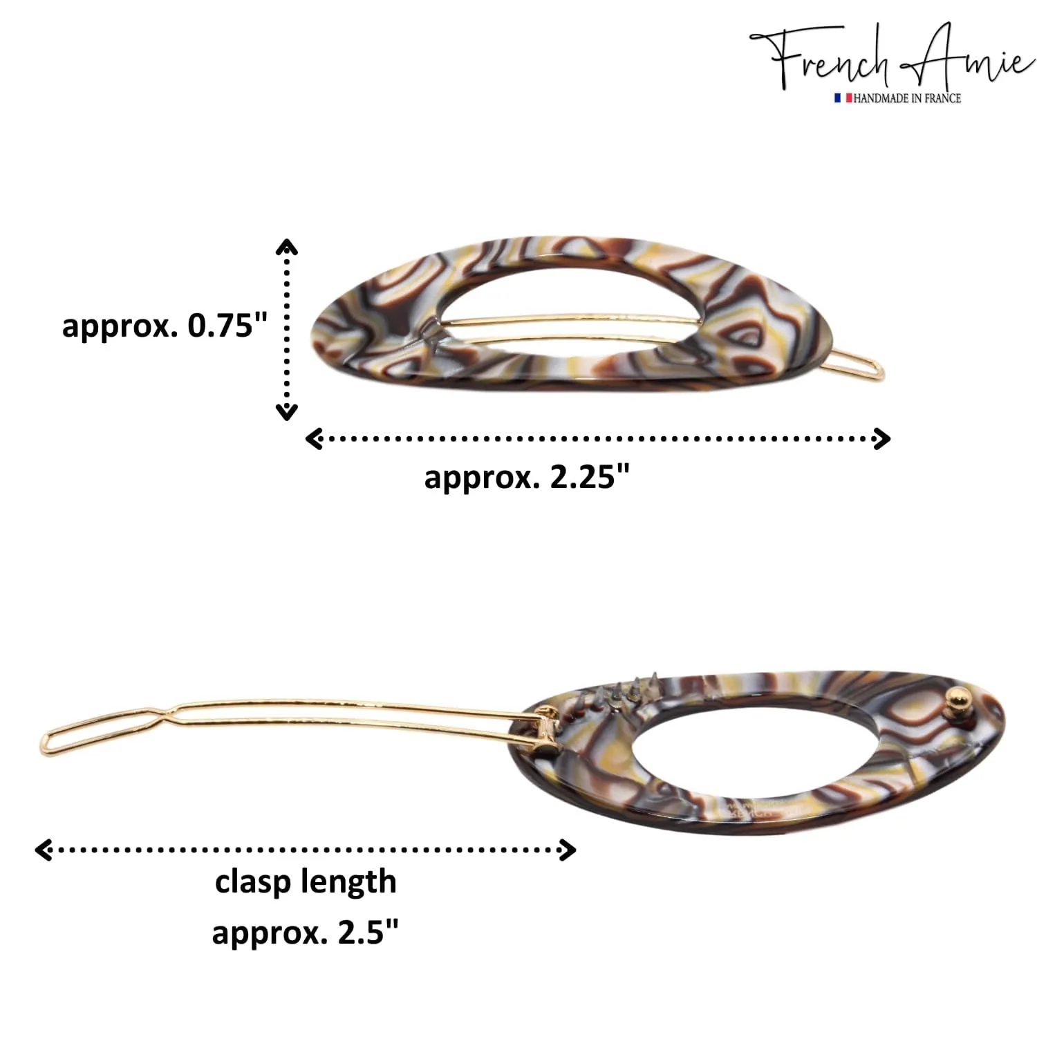 French Amie Oval Small 2 1/4” Celluloid Acetate Side Slide In Strong Hold Hair Clip Barrettes with Tige Boule Clasp for Girls and Women, Made in France (Silver Onyx 2 Pcs)