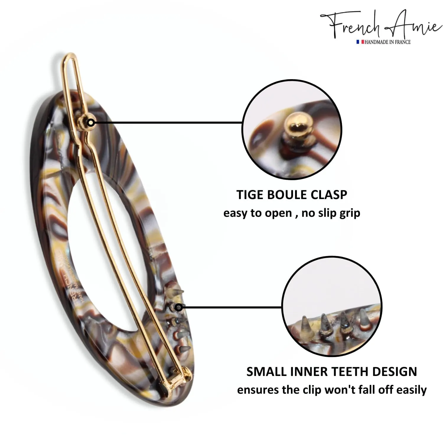 French Amie Oval Small 2 1/4” Celluloid Acetate Side Slide In Strong Hold Hair Clip Barrettes with Tige Boule Clasp for Girls and Women, Made in France (Silver Onyx 2 Pcs)