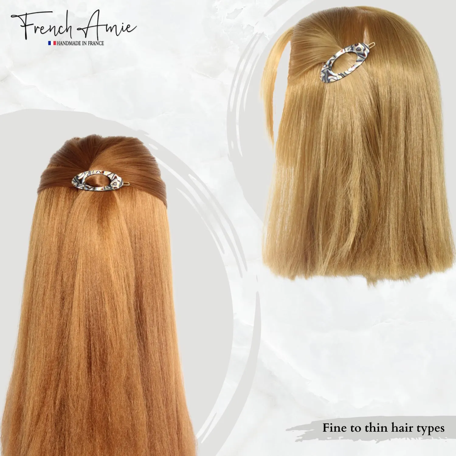 French Amie Oval Small 2 1/4” Celluloid Acetate Side Slide In Strong Hold Hair Clip Barrettes with Tige Boule Clasp for Girls and Women, Made in France (Silver Onyx 2 Pcs)