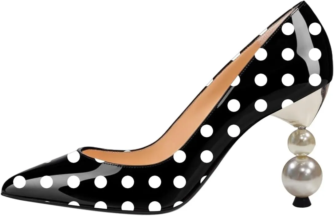 FSJ Women Classic Pearls Heel Pumps Pointed Toe Slip On High Heel 9cm Glossy Leather Ladies Office Party Pump Shoes Size 4-16 US