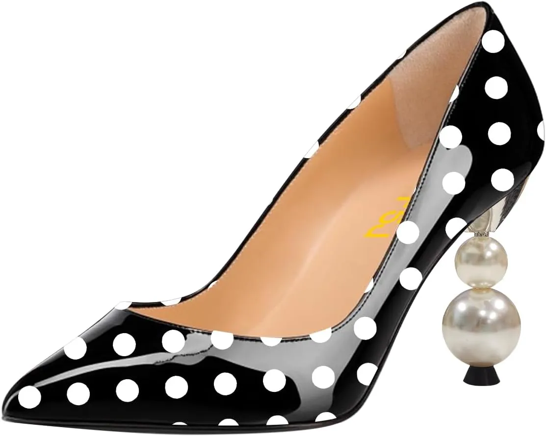 FSJ Women Classic Pearls Heel Pumps Pointed Toe Slip On High Heel 9cm Glossy Leather Ladies Office Party Pump Shoes Size 4-16 US