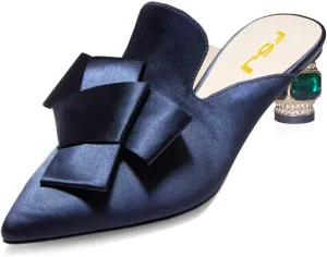 FSJ Women Retro Crystal Rhinestone Heeled Mules Pointed Toe Bows Slide Sandals Backless Emerald Bridal Wedding Dress Shoes Size 4-15 US