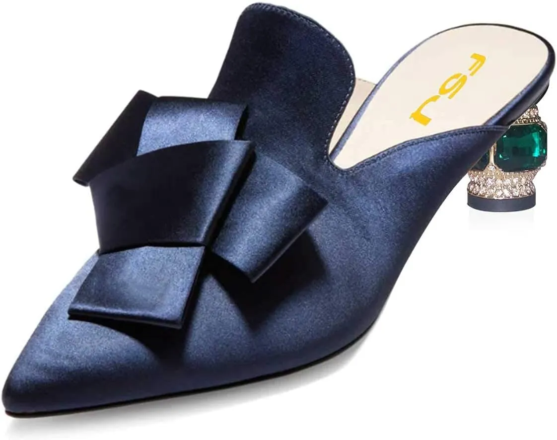 FSJ Women Retro Crystal Rhinestone Heeled Mules Pointed Toe Bows Slide Sandals Backless Emerald Bridal Wedding Dress Shoes Size 4-15 US