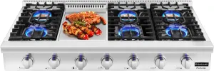 GASLAND 48 Inch Gas Cooktop, Professional Natural Gas Cooktop Slide-in Pro RT4806 with Indicator Light 6 Deep Recessed Sealed burners & Griddle, Cast Iron Grates, Re-ignition 120V Plug-in