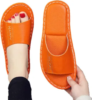 Genuine Leather Open Toe Summer Sandals, Unisex Cowhide PU Non Slip Home & Outdoor Comfy Slippers