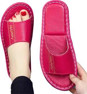 Genuine Leather Open Toe Summer Sandals, Unisex Cowhide PU Non Slip Home & Outdoor Comfy Slippers