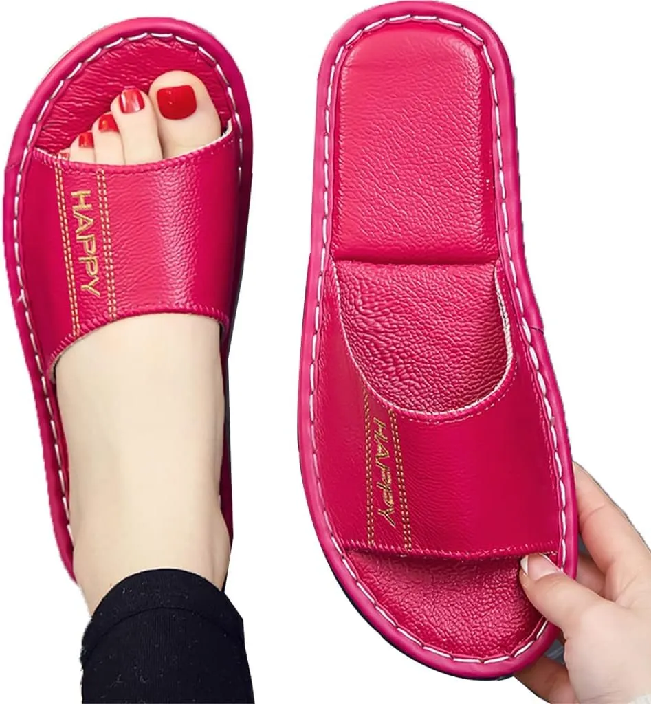 Genuine Leather Open Toe Summer Sandals, Unisex Cowhide PU Non Slip Home & Outdoor Comfy Slippers