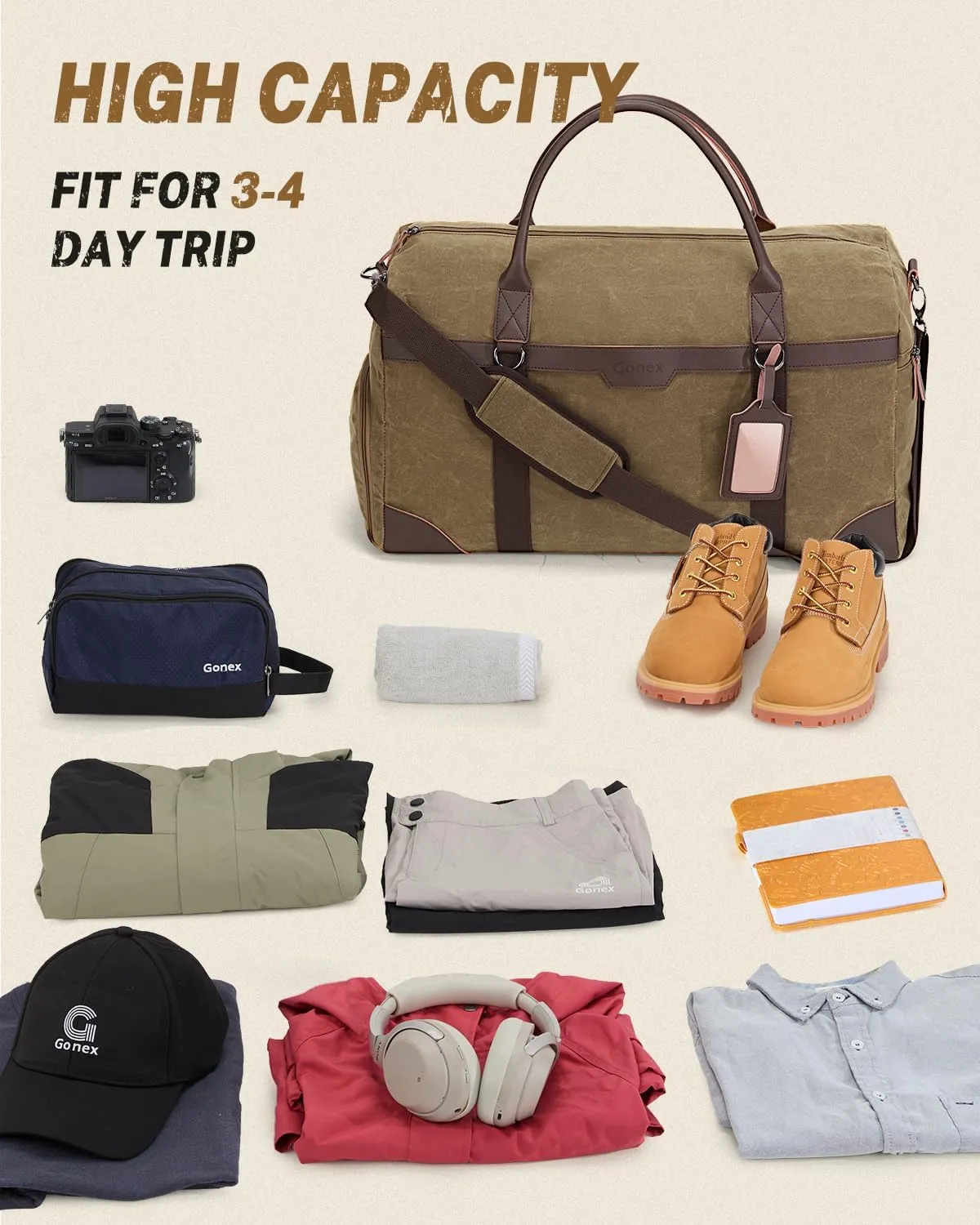Gonex Waxed Canvas Duffle Bag for Travel, Water-resistant Vintage 55L Duffel Weekender with Shoes Compartment & Luggage Tag, Heavy-duty Overnight Bag with Suitcase Handle Sleeve for Men, Coffee